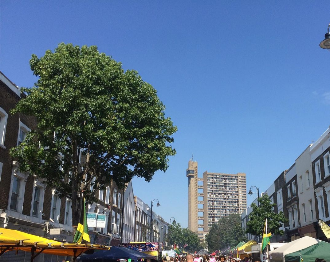 Trellick Tower in the distance as seen from Golbourne Road