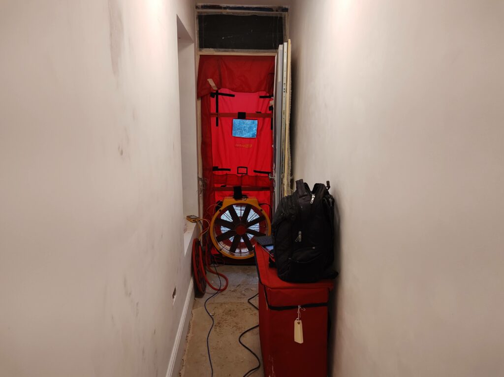 Airtightness Test Kit mounted in hallway of London retrofit 2021