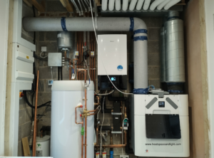 MVHR system installed into plant room next to Air Source Heat Pump and hot water cylinder