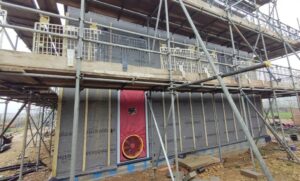 Airtightness blower door kit at dutch barn new build
